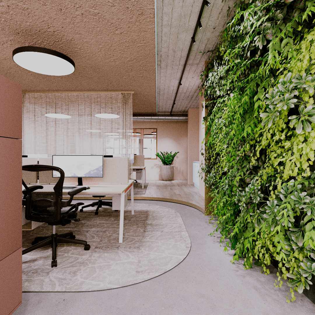 kantoor met akoestisch plafond gordijn tapijt en plantenwand voor akoestiek